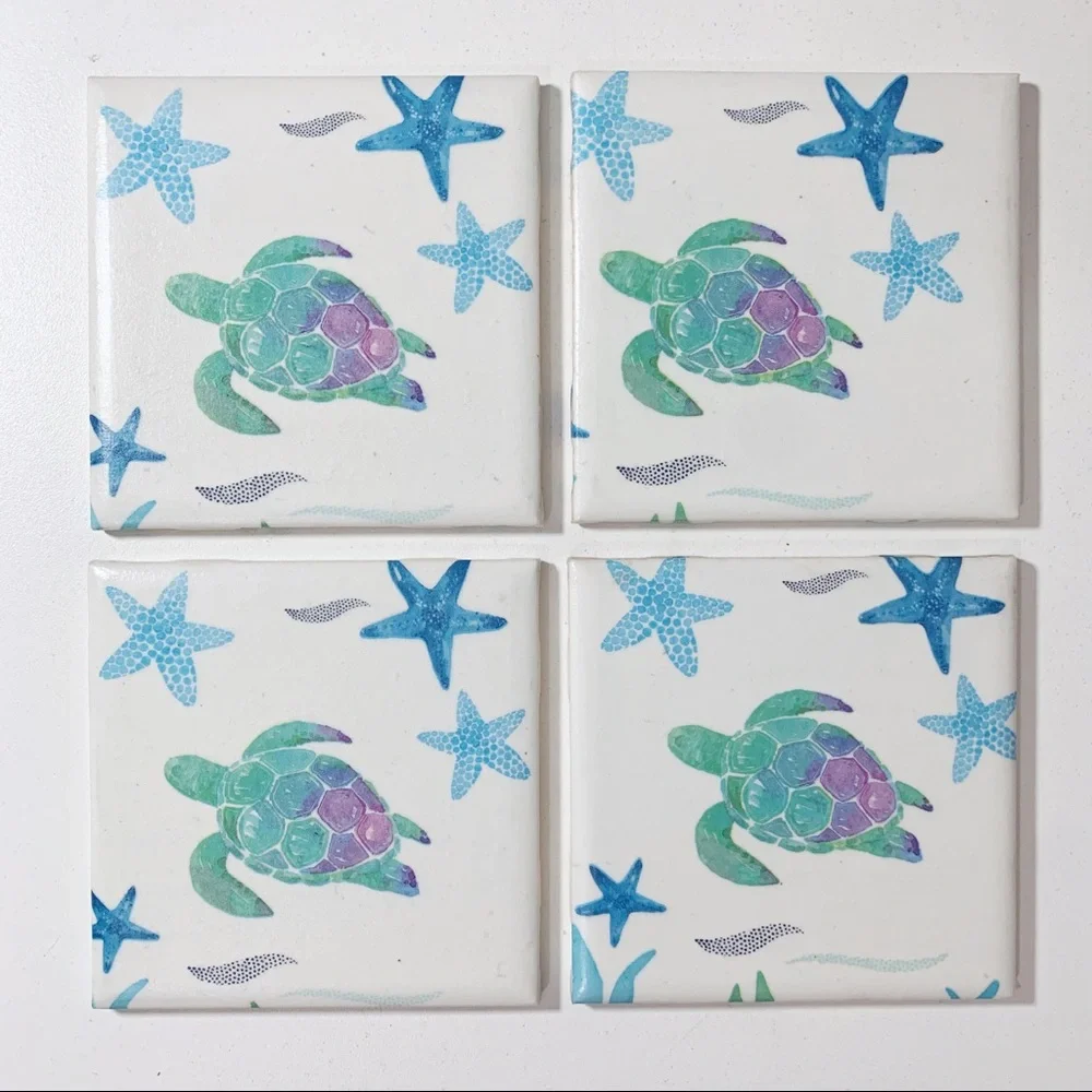 Cup Coasters, Coaster Set, Set of Coasters, Sea Turtle, Starfish, Ocean